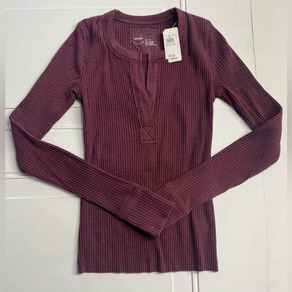 aerie Tops - Aerie NWT Women's Sz XXS Long Sleeve Purple Burgundy Ribbed Henley